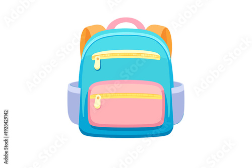 A colorful cartoon backpack illustration featuring a light blue body, a pink front pocket, and yellow zippers. The bag has orange straps and is set against a solid black background.