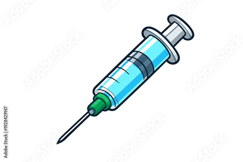 This cartoon illustration shows a medical syringe filled with a light blue fluid. It features a green needle hub and a sharp metal needle, set against a plain black background.