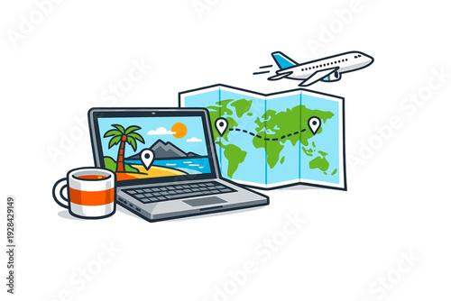 An illustration of a laptop showing a tropical beach, a world map with travel pins, a flying airplane, and a coffee mug, representing online vacation planning and global travel.