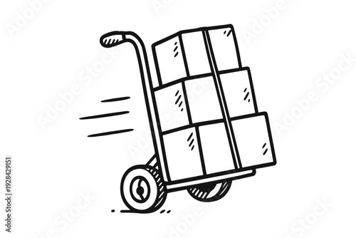 A minimalist black and white line drawing of a hand truck loaded with several cardboard boxes on a dark background featuring motion lines to indicate fast delivery or moving services.