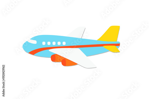A colorful cartoon airplane illustration featuring a light blue fuselage, white wings, and a yellow tail fin. The aircraft has orange engines and a red stripe on its side against a black background.