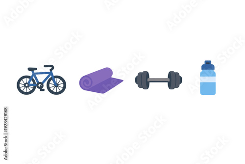 A flat illustration featuring a blue bicycle, a rolled-up purple yoga mat, a grey dumbbell, and a blue water bottle arranged horizontally against a solid black background.