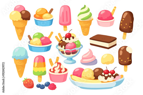 A colorful collection of various ice cream treats including cones, bowls, popsicles, and a banana split, all illustrated in a vibrant cartoon style against a black background.