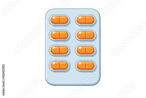 This digital illustration features a light blue blister pack with eight orange medicinal capsules. The pills are neatly organized in two rows on a plain black background.