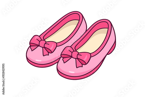A pair of pink cartoon-style ballet flat shoes for girls featuring decorative bows on the front. The illustration has clean outlines and simple shading on a black background.