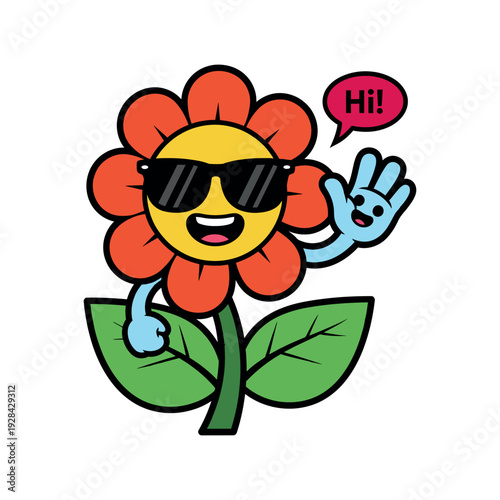 Wallpaper Mural Cheerful cartoon flower character waving with sunglasses and greeting Torontodigital.ca
