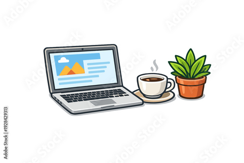 This vector graphic features an open laptop displaying a landscape image, a hot cup of coffee on a saucer, and a potted green plant, depicting a clean and productive workspace environment.