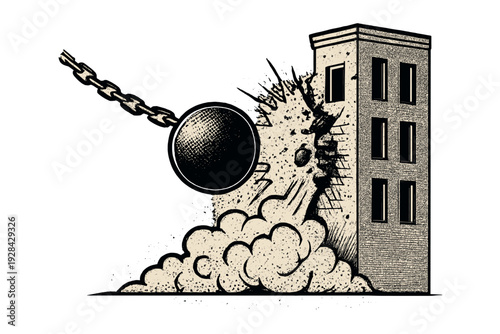 A graphic illustration shows a large wrecking ball on a chain crashing into a tall brick building, creating a massive cloud of dust and debris against a solid black background.
