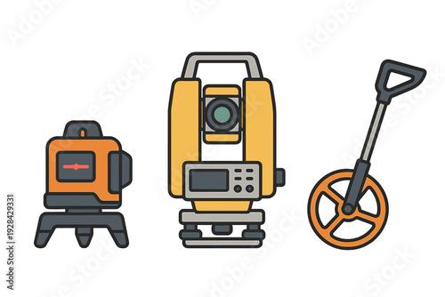 A set of flat vector illustrations featuring professional surveying equipment including a rotary laser level, a total station, and a measuring wheel on a black background.