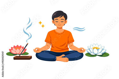 A young man sits in a cross-legged lotus position meditating with his eyes closed. He is surrounded by blooming lotus flowers and a burning incense stick on a black background.