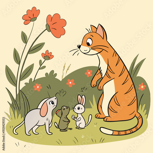 Cats, kittens, rats, dogs, and rabbits are family friends. They are gossiping a garden in the background of a vector illustration
