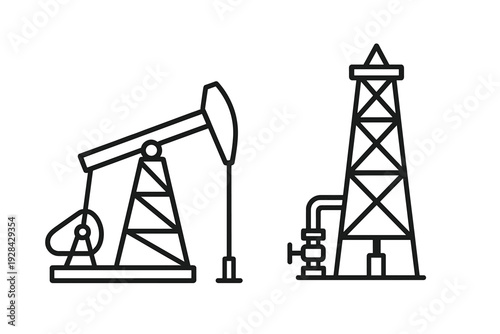 This minimalist black and white line art illustration depicts an oil pumpjack and a drilling derrick. It represents industrial petroleum extraction and energy production processes.
