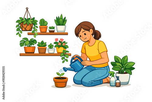 A young woman in a yellow shirt and blue pants kneels on the floor to water a small potted plant with a blue watering can. Shelves with various indoor plants are visible in the background.