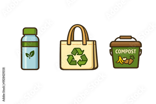 A flat vector illustration featuring three eco-friendly icons: a reusable water bottle with a leaf, a shopping bag with a recycling symbol, and a compost bin with food scraps.