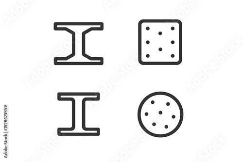 A set of four minimalist line icons depicting structural engineering cross-sections, featuring steel beams and reinforced concrete columns in square and circular shapes on a dark background.
