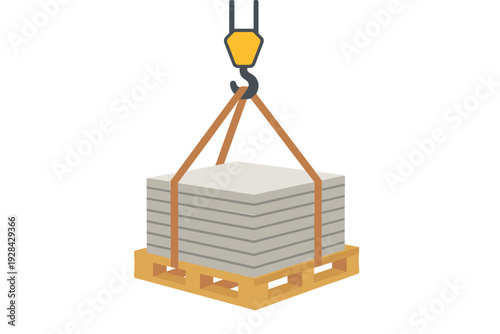 This flat illustration shows a crane hook lifting a wooden pallet loaded with several grey slabs using brown straps. It represents industrial logistics and construction work.