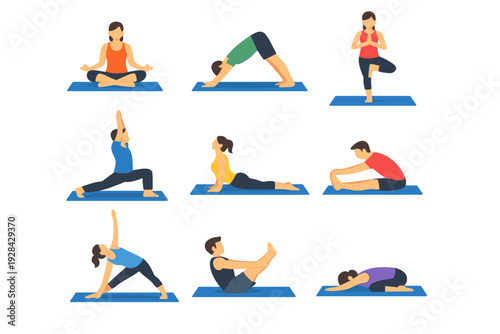 This flat vector illustration features a grid of nine people practicing different yoga positions on blue mats, including downward dog, lotus, and warrior poses on a black background.