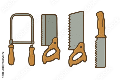 A collection of four various hand saws for woodworking, including a coping saw and a back saw, depicted in a stylized illustration with wooden handles on a black background.