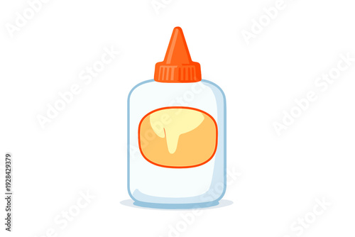 This vector style illustration features a white plastic glue bottle with a bright orange nozzle and a yellow label. The object is centered against a solid black background.