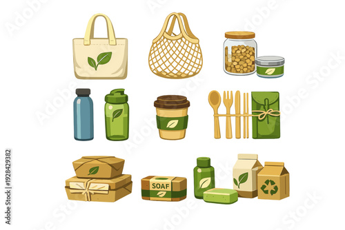 This illustration features various zero-waste products like tote bags, mesh produce bags, glass containers, reusable bottles, wooden utensils, and eco-friendly packaging.