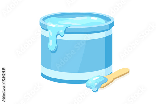 A cartoon illustration of a blue container filled with light blue gel or wax. A wooden spatula with a dollop of the substance sits beside the bucket on a black background.