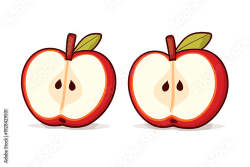 Two identical red apple halves are shown side by side against a solid black background. Each half features a brown stem, a single green leaf, and two dark seeds in the center.