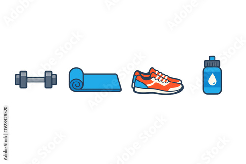 A flat vector illustration featuring a grey dumbbell, a blue yoga mat, a pair of orange running shoes, and a blue water bottle, all arranged in a row against a black background.