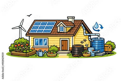 An illustration of a sustainable yellow house featuring solar panels, a wind turbine, a vegetable garden, rainwater harvesting, composting, and a beehive on a white background.