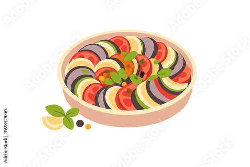 An isometric vector illustration of a traditional ratatouille dish in a ceramic bowl, featuring sliced tomatoes, zucchini, and eggplant garnished with fresh green basil leaves.