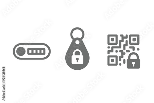 A set of three gray security and access icons featuring a toggle switch, a key fob with a padlock, and a QR code with a lock symbol, all presented on a solid black background.