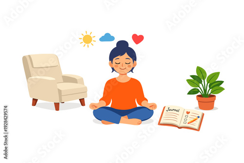 A cartoon illustration of a woman meditating in a cross-legged pose. She is surrounded by a comfortable armchair, a potted plant, and an open journal with a pencil on a black background.