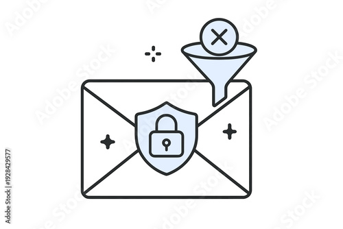 A flat line illustration of an envelope featuring a protective shield with a padlock and a funnel filtering out unwanted content, representing secure email communication and spam protection.