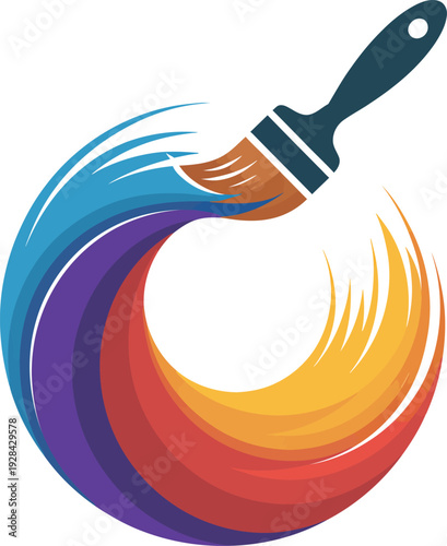 Paintbrush with dark teal handle and brown bristles creating a circular rainbow paint stroke with blue, purple, red, orange, and yellow colors isolated on Transparent Background