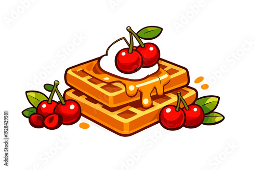 A vibrant cartoon illustration of two stacked golden waffles topped with dripping syrup and fresh red cherries, set against a solid black background with additional cherries on the side.