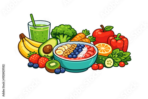 A vibrant illustration of a variety of healthy foods including a smoothie, a fruit bowl, fresh vegetables like broccoli and carrots, and assorted fruits on a black background.