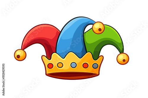 A colorful cartoon illustration of a jester's hat featuring a golden crown base with gems and three floppy peaks in red, blue, and green, each tipped with a small golden bell.