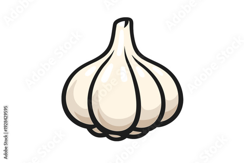 A stylized cartoon illustration of a single garlic bulb with white cloves and a black outline, isolated against a solid black background for a clean graphic look.