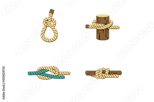 This illustration displays four distinct styles of rope knots and hitches, such as a loop and a clove hitch, set against a solid black background in a flat graphic art style.