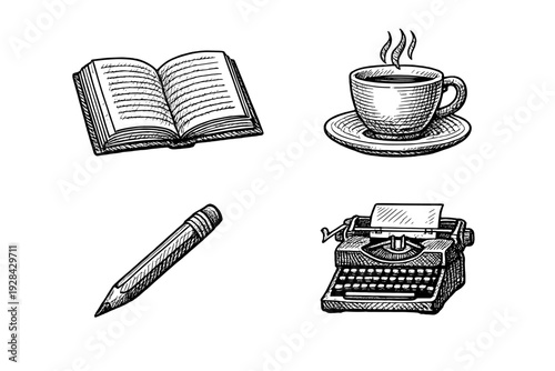 A collection of four hand-drawn vintage icons including an open book, a steaming cup of coffee, a pencil, and a classic typewriter, all rendered in a detailed black and white sketch style.