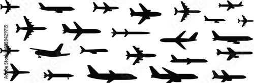 Airplane silhouette set side view, commercial passenger and cargo aircraft collection, aviation jet transport planes isolated vector illustration