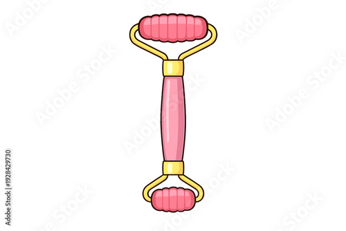 A pink facial roller illustration with a large and small textured roller on a gold frame and a smooth handle, isolated on a black background for skincare and beauty concepts.