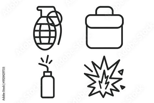 A set of four black line icons representing danger and explosives, including a hand grenade, a briefcase, a bottle with a lit fuse, and a sharp explosion symbol on a white background.