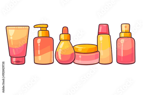 A row of six colorful cosmetic containers including a tube, pump bottle, dropper, jar, and spray bottle in a cartoon style with pink, orange, and yellow gradients on a black background.