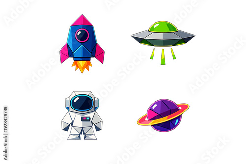 A collection of four stylized space icons including a rocket ship, a UFO, an astronaut, and a ringed planet, all designed in a colorful low-poly geometric style on a black background.