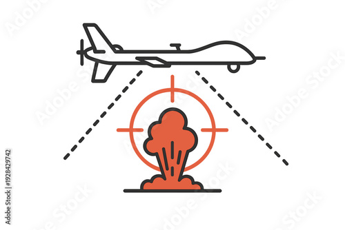 A flat vector illustration of a military drone flying above a target. A red crosshair focuses on an explosion on the ground, with dashed lines showing the field of view.