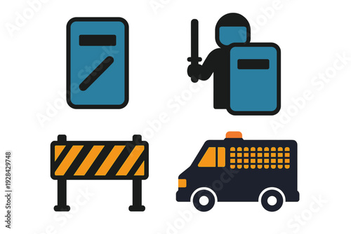 A set of four flat vector icons representing riot control equipment, including a shield, a police officer with a baton, a striped road barrier, and a dark transport van with bars.
