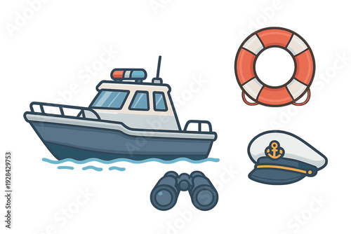 A flat vector illustration featuring a grey patrol boat on blue waves, accompanied by a red and white lifebuoy, a captain's hat with an anchor, and a pair of binoculars on a black background.