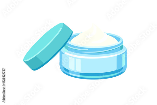 A vector illustration featuring an open light blue jar containing white skin care cream. The matching lid is positioned next to the container on a solid black background.
