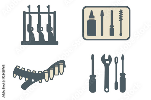 A collection of four flat icons representing firearm maintenance and accessories, including a rifle rack, a cleaning kit, a bullet bandolier, and various mechanical hand tools.