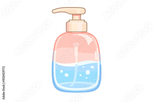 A cartoon illustration of a pump bottle filled with pink and blue liquid. The bottle has a beige dispenser and small bubbles inside the blue section, set against a black background.